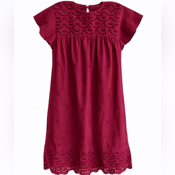 No Label Dresses & Skirts - Wine Red Eyelet Mini Dress L Boho Scalloped Hem Embroidered Summer